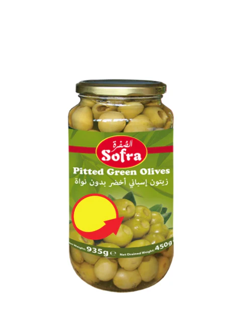 SOFRA PITTED GREEN OLIVES 935G PM£3.49
